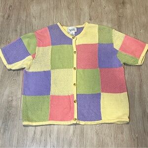 Vintage Y2K Pastel Colorblock Knit Cardigan Sweater Button Front Short Sleeve XL